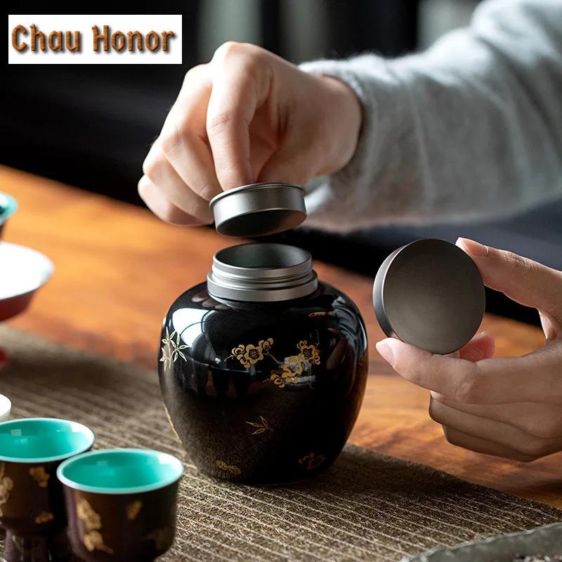 300ml Black Glaze Ceramic Tea Box Home Small Portable Gilding Plum Blossom Tea Canddy Moisture-proof Double Sealed Storage Bin