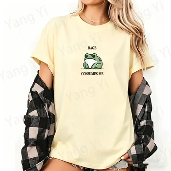 Men Women Fashion Cotton T Shirt Funny Rage Consumes Me Letter Print T Shirt Cartoon Frog Graphic Tees Unisex Plus Size Fun Tops 1