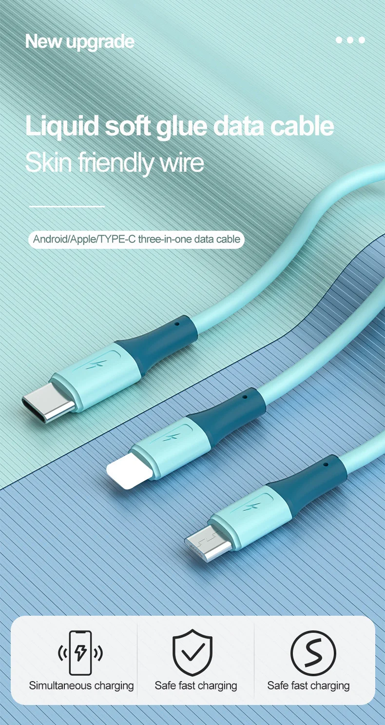 android phone charger cord 3 in 1 Multi Charger Cable For iPhone Samsung Xiaomi Huawei Liquid Silicone Universal Multiple Ports Devices USB Charging Cord types of mobile charger