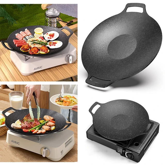 30cm Barbecue Plate Round Cast Iron Frying Pan Flat Outdoor Camping BBQ  Grill Pan Pancake Griddle Uncoated Non-stick Frying Tray - AliExpress