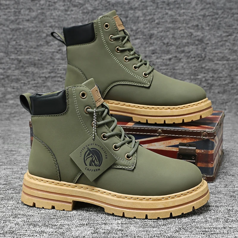 Cheap Hot Sale Army Green Men Leather Boots Platform Anti-slip Men's Ankle Boots Wear-resistant Waterproof Men Work Boots 2023