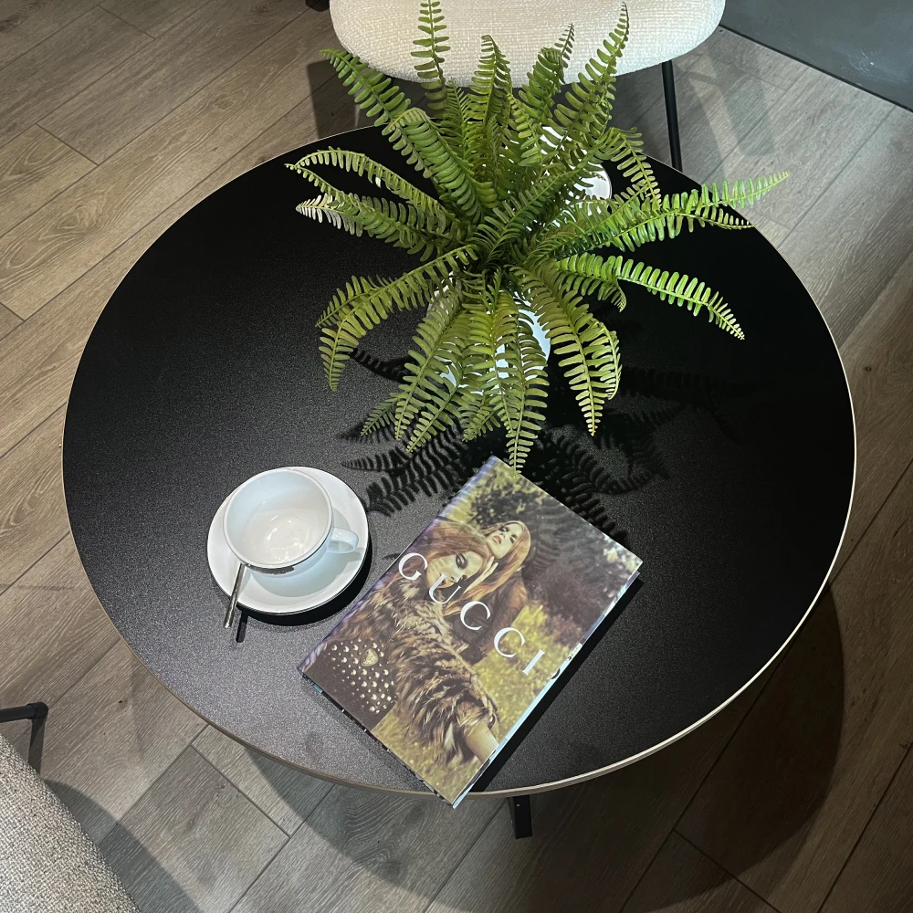 Round Coffee Table Wood Grain and Black Metal