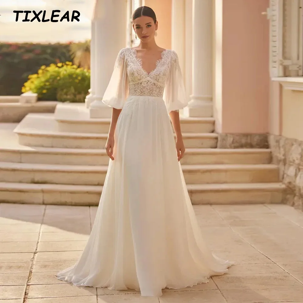 

Женское свадебное платье до пола TIXLEAR, шифоновое платье-трапеция с V-образным вырезом, рукавами до локтей, открытой спиной и пуговицами