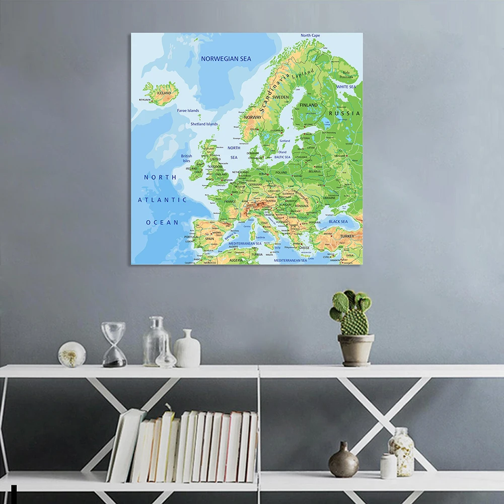 Orographic and Traffic Map of Europe Non-woven Canvas Painting Wall Poster Classroom Home Decoration School Supplies 90*90cm