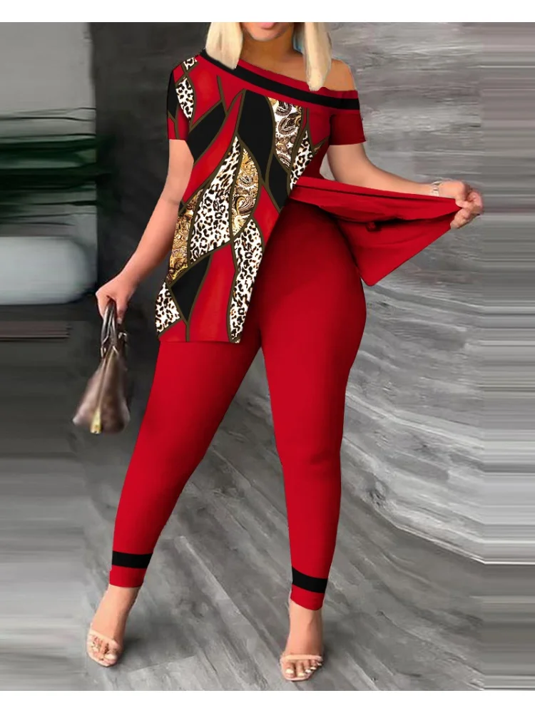 여성용 패셔너블 피스 세트, 플러스 사이즈, 믿음 기하학 프린트, 스플릿 헴 탑 및 팬츠 세트, 데일리 트랙수트 무료 