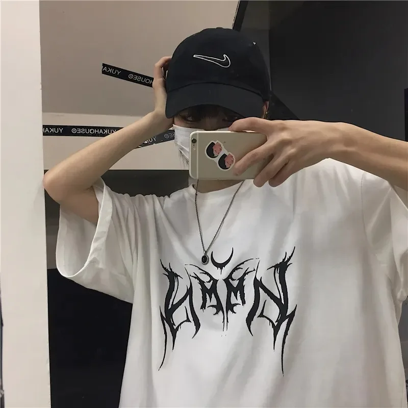 여성용 루즈 펑크 레터 프린트 상의, 블랙 티셔츠, 90 년대 그래픽 티, 귀여운 티셔츠, 힙합