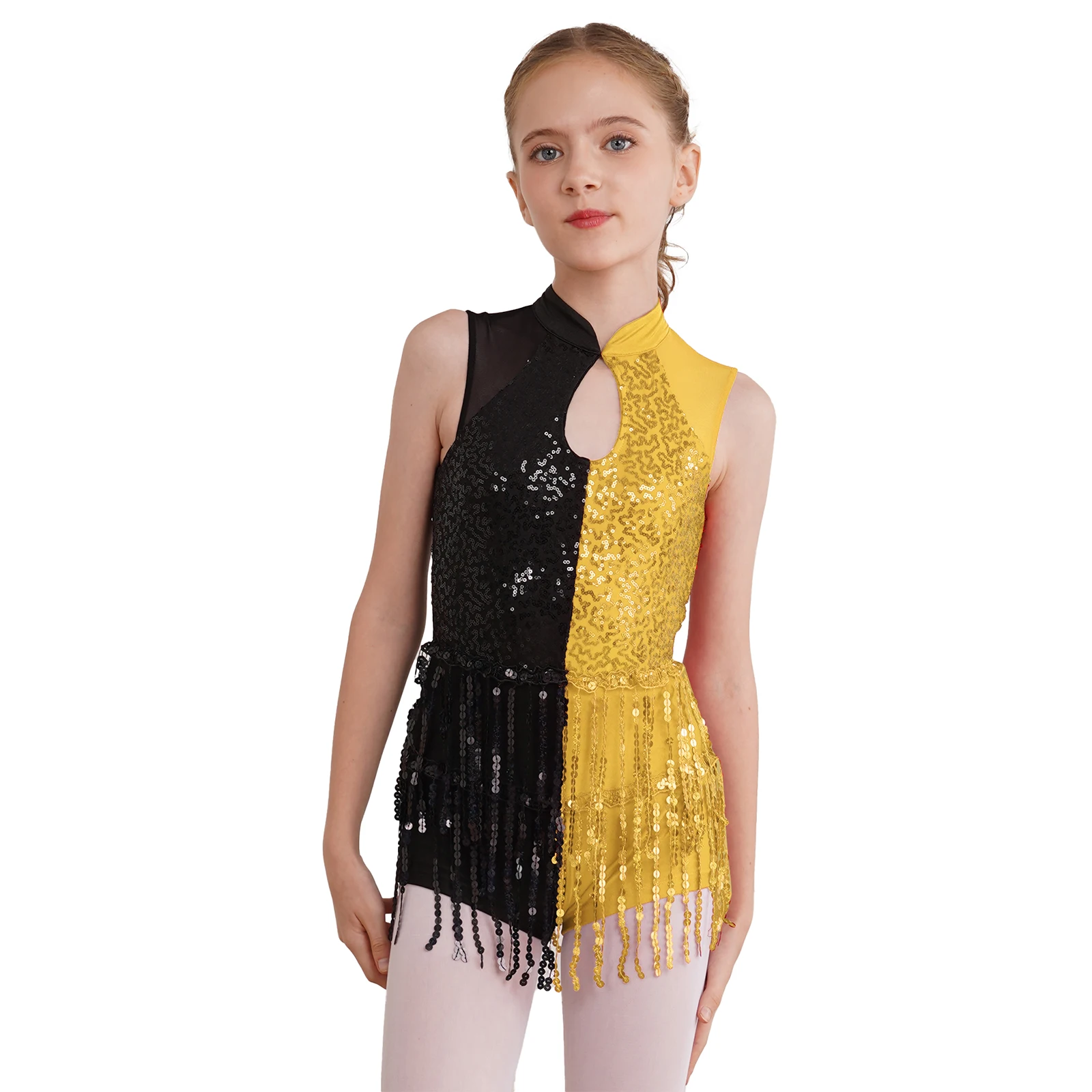 

Kids Girls Glittery Sequins Tassels Leotard Sheer Mesh Patchwork Keyhole Sleeveless Jumpsuit for Figure Skating Jazz Dance