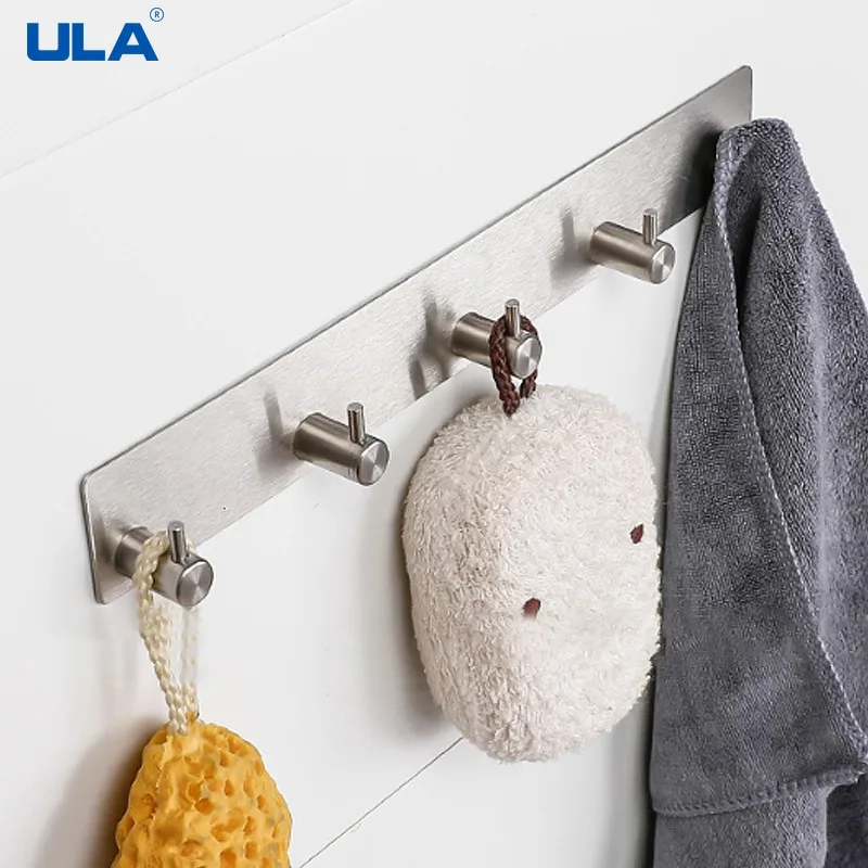 ULA Black 5 Wall Hooks Self-Adhesive Coat Hook Dress Hanger Stainless Steel Towel Holder Bathroom Kitchen Accessories Save Space