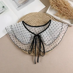 Women's Double Chiffon Lace Fake Collar Japanese Style Decorative Dot Elegant Blouse False Collar Office Ladies Shawl Bowtie