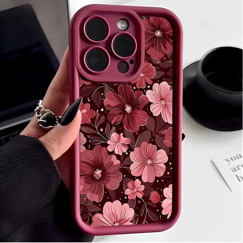 Charming Wine Red Floral Print Phone Case