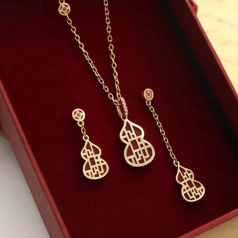 

Gourd Pendant Necklace Earring Bracelet New Chinese Style Carnelian Luxury Jewelry for Women Gift