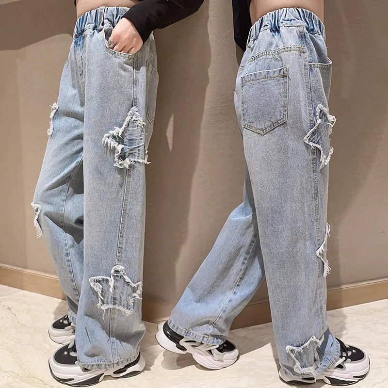

Big Girls School Wide Leg Pants with Star Design Casual Loose 2023 New Spring Fashion Long Jeans Children Korean Style Trousers