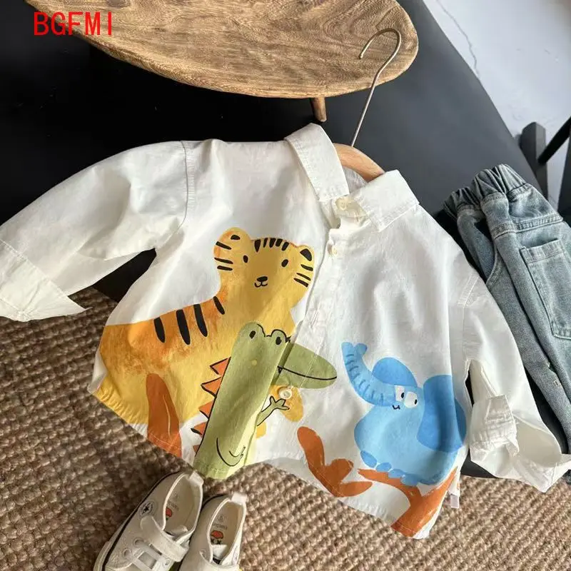 Korean Spring Autumn Clothing Boys Print Cotton Thin Shirts Kid Cartoon Turn-down Collar Loose Long Sleeve Infant Boy Top 1-6Y