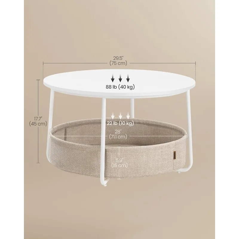 Coffee Table with Storage, Round Center Table for Living Room with Fabric Basket, Modern Style, Metal Frame, Matte White 2