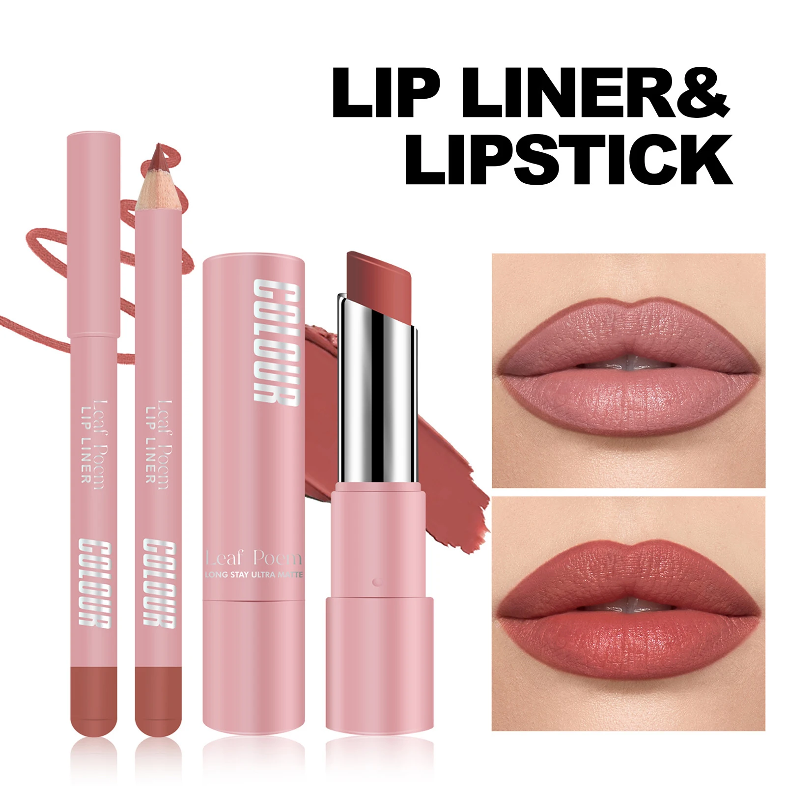 2Pcs Matte Lipstick&lip Liner Set Nude Brown Lipliner Pencil Waterproof Lip Liner Lasting Not Easy Fade 2 in 1 Lips Make Up Kit 5