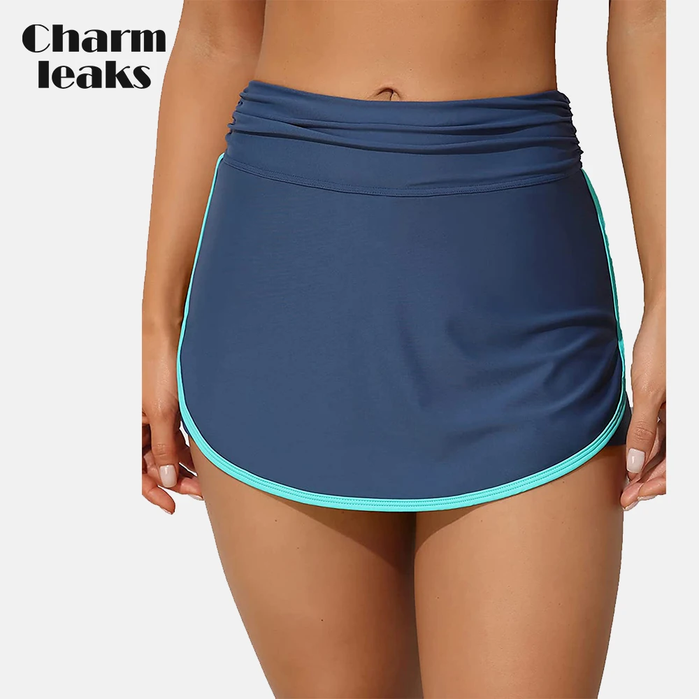 

Charmleaks Women Swimming Skirts Built In Interior Swim Shorts High Waist Shirred Waistband Tankini Bottom