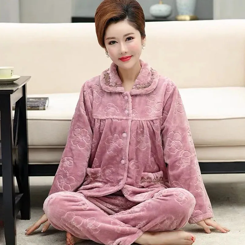 

Новинка, фланелевые пижамные костюмы для женщин среднего возраста, осенне-зимняя теплая Домашняя одежда, комплект из двух предметов, повседневные женские брюки, ночная рубашка