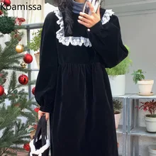 

Koamissa Lace Patchwork Woman Loose Solid Straight Dress Long Sleeves O Neck Sweet Spring Dresses Fashioin Lady Chic Vestidos