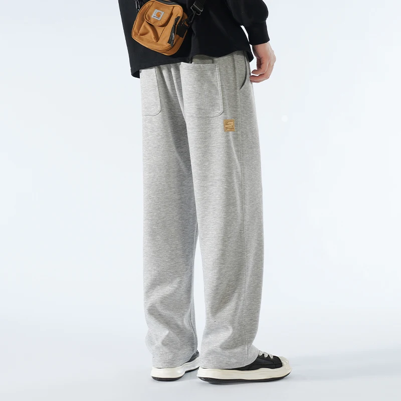 Spring Autumn Elastic High Waisted Solid Color Pockets Men's Clothing Casual Loose Wide Leg Trousers Preppy Style Sweatpants
