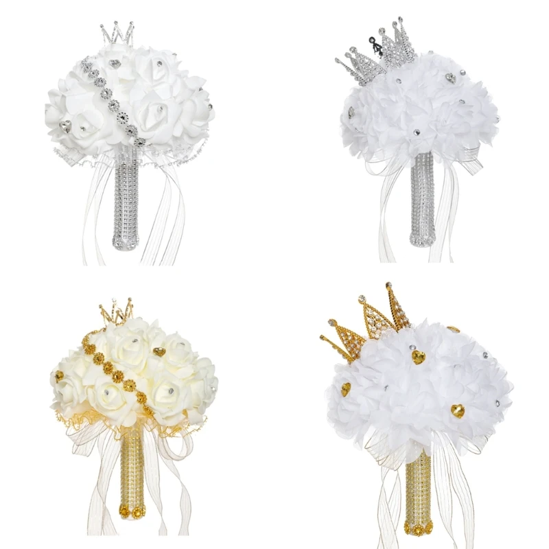 

Шелковая ткань с цветком и бриллиантовой короной, ручной букет для свадьбы 40JA