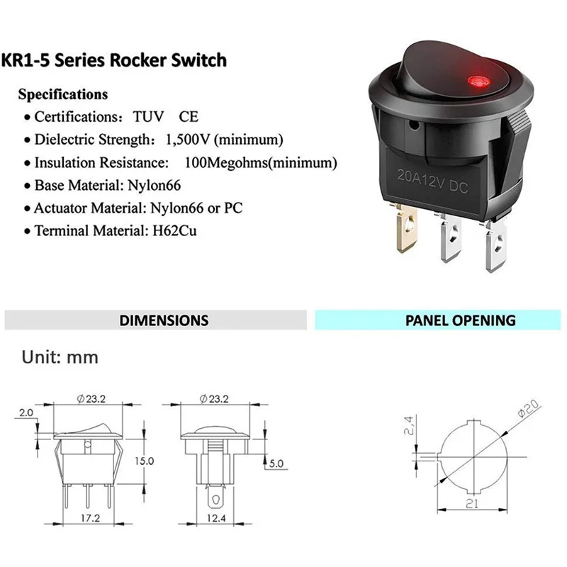 20pcs On-Off Control Push Button Switch 3 Pin 12V 20A Car Truck Rocker Round Toggle LED Switch