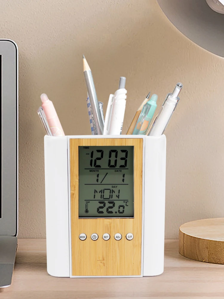 Clock Pen Holder Date Time Display Temperature Detection Ornaments Desktop Storage Decorative Perpetual Calendar Pen Holder 3