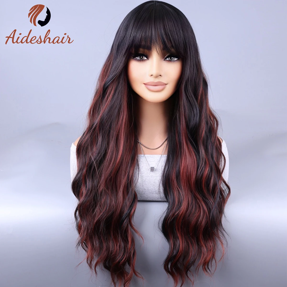 Long brown wig with bangs 28 "Ombre Brown Blend Blonde accent wig for women long curly wavy synthetic wig for everyday party use