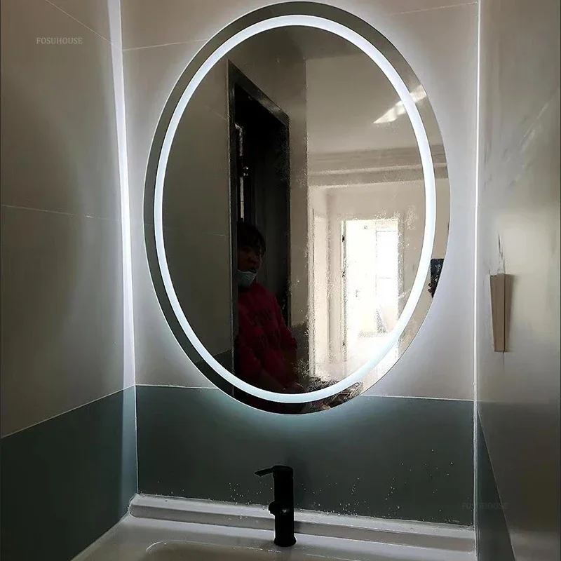 Smart Oval Bath Mirrors Touch Screen Anti-fog LED Light Bathroom Mirror Toilet Body Induction Wall-mounted Lighted Makeup Mirror