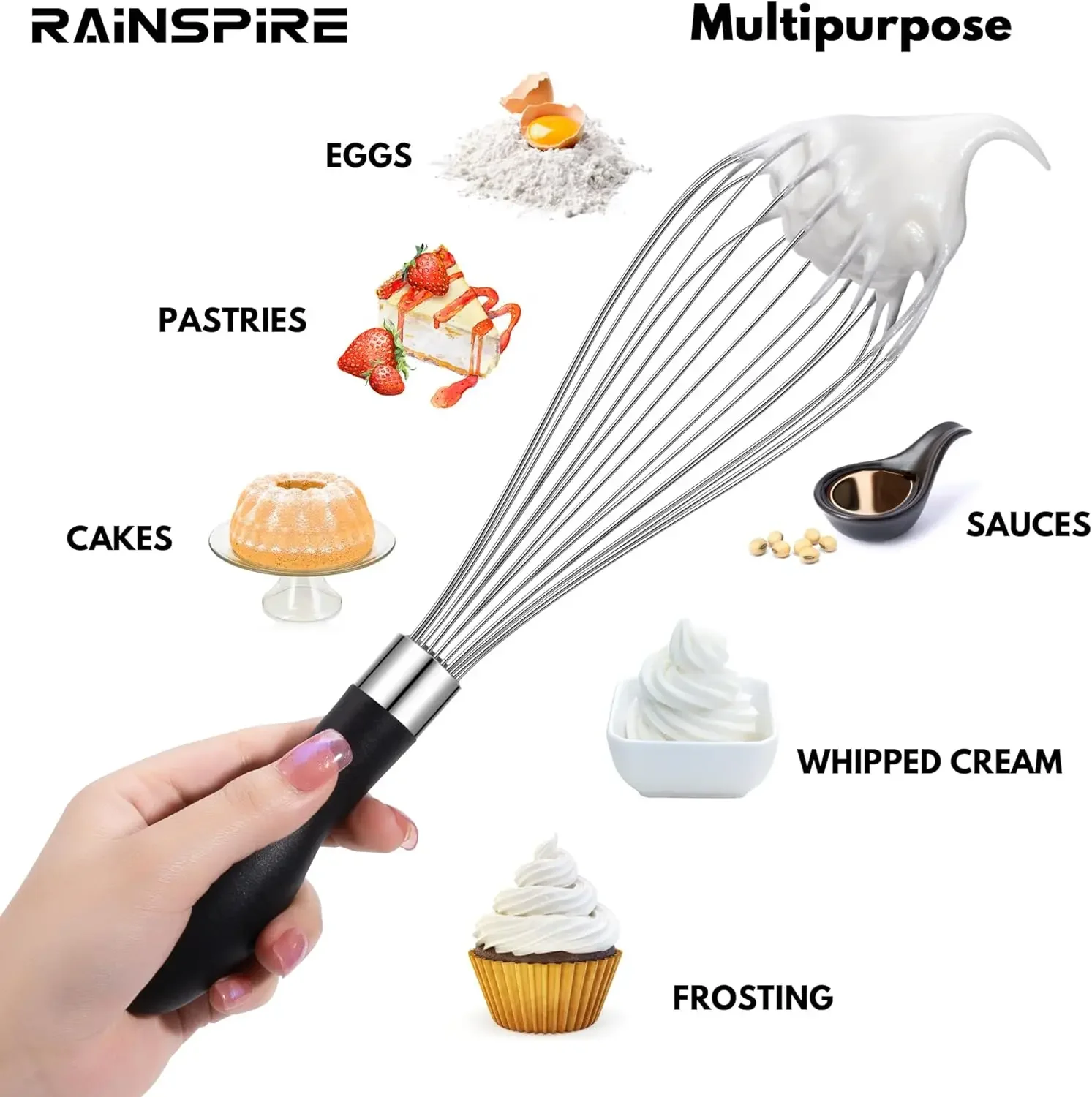 Household Stainless Steel Manual Mixer Balloon Whisks for Cooking Soft Silicone Handle for Blending Whisking 12 Inch balloon wire whisk ball whisk wire whisk