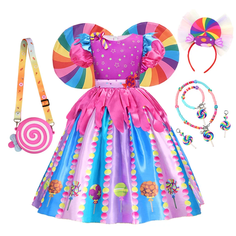 thumbnail image 1 of Disfraz de arcoíris con estampado de piruleta para niños, vestidos de princesa con diadema, ropa de fiesta de cumpleaños y Navidad, 2-10 años, 1 of 5