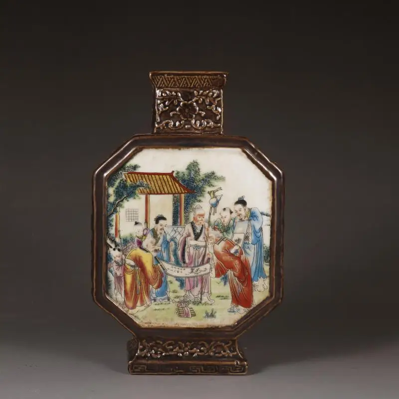 Qing Dynasty Qianlong Yellow Glaze Pastel Figure Square Flat Vase Antique Old Porcelain Home Decoration Collection OrnamentZC803 3
