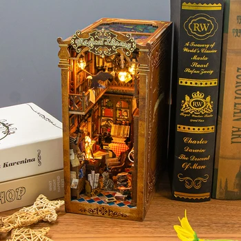 Bookshelf set Doll House Wooden Lighted DIY Book Nook Kit 3D Puzzle Assembly Building Model Bookends For Adults Birthday Gifts 1