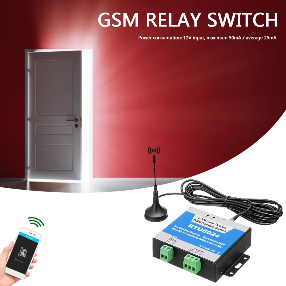 RTU5024 GSM Gate Relay Switch 850/900/1800/1900MHz Remote Control Wireless Door Access Opener w/ Antenna for Household Bedroom