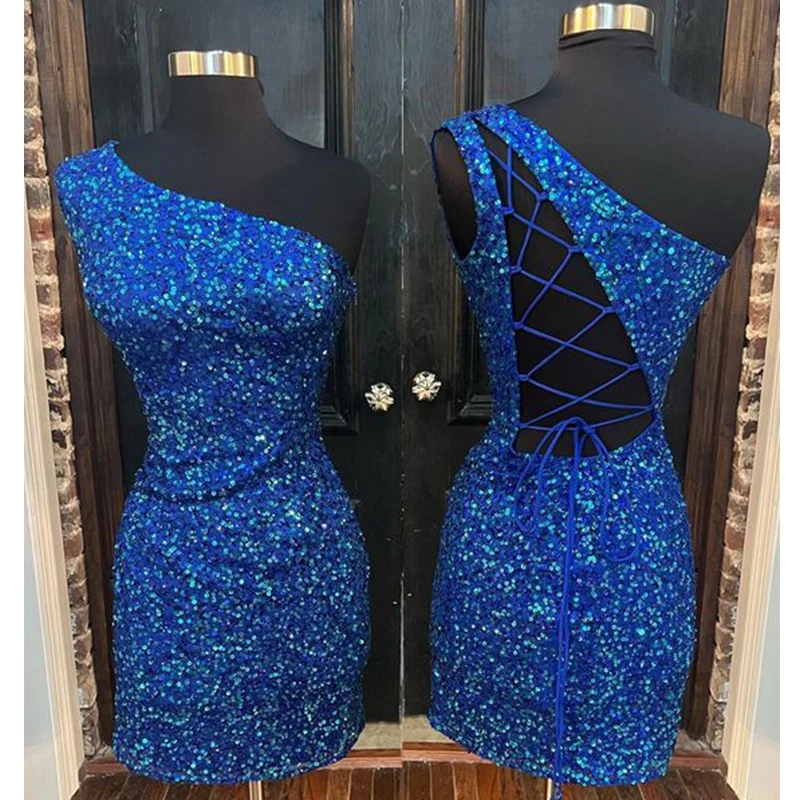

Shiny Sequins Homecoming Dresses for Woman Royal Blue Sexy One Shoulder Back Hollow Straps Above Knee Party Guest Gowns 2022