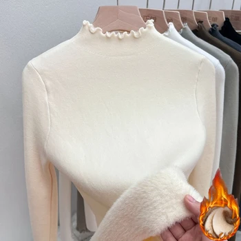 جديد صوف مبطن سميكة الياقة المدورة البلوزات النسائية الخريف الشتاء ضئيلة الدافئة Ruched محبوك القمم بلون عادية لينة البلوز