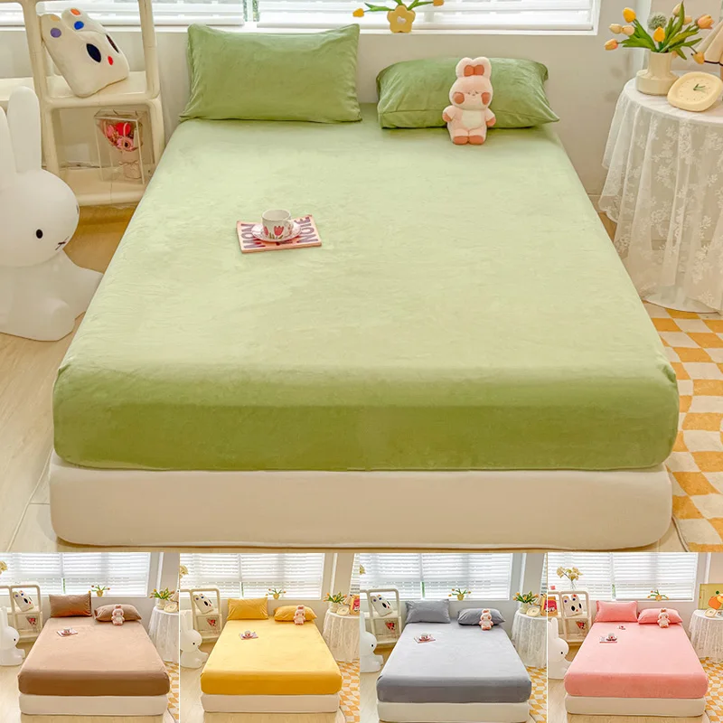 

Milk Velvet Mattress Cover Thickened Warm Mattress Pretector Non-slip Winter Bedding for Bedroom Living Room Fleece Fitted Sheet