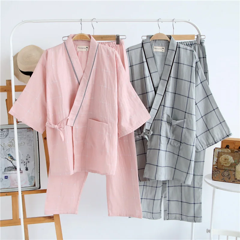 Summer Men's and Women's 100% Cotton Gauze Pajamas Sets Retro V-neck Pijama Kimono Suit Couple Sleepwear Nightly Home Clothing