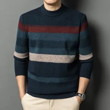 Casual Vintage Home Uomini di mezza età Autunno Inverno Girocollo Addensare maglione Stripe Allentato con pannelli Texture Pullover lavorato a maglia Top 1