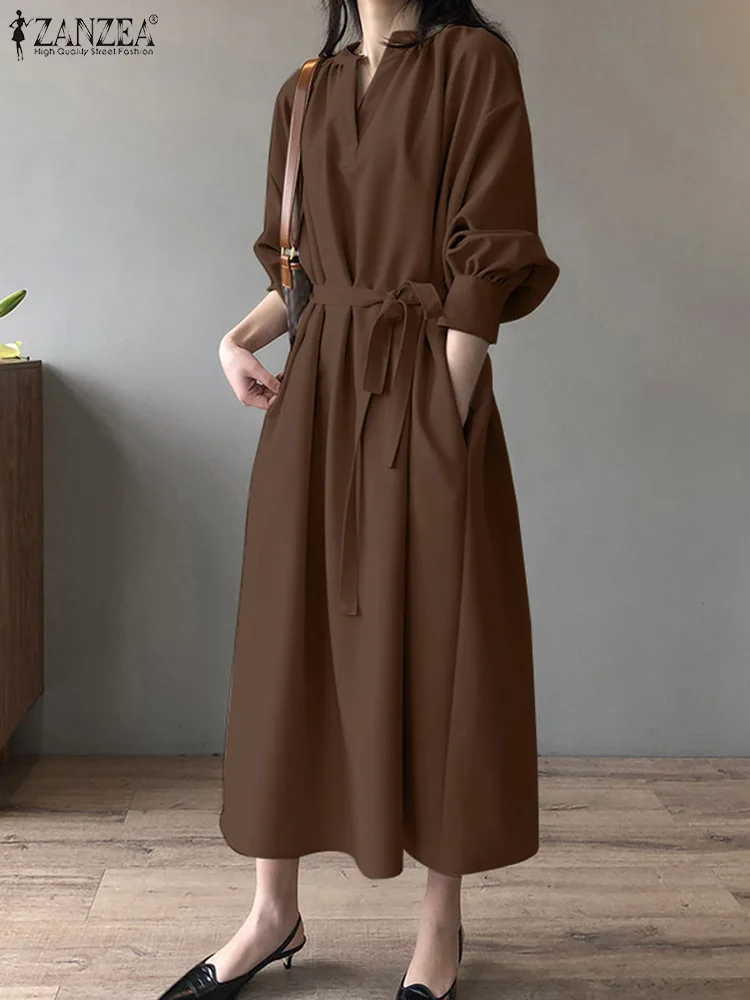 

ZANZEA Women Shirt Dress Vintage Solid V-neck Long Vestidos Spring Long Sleeve 2024 Belted Robes Office Lady Pocket Midi Dresses