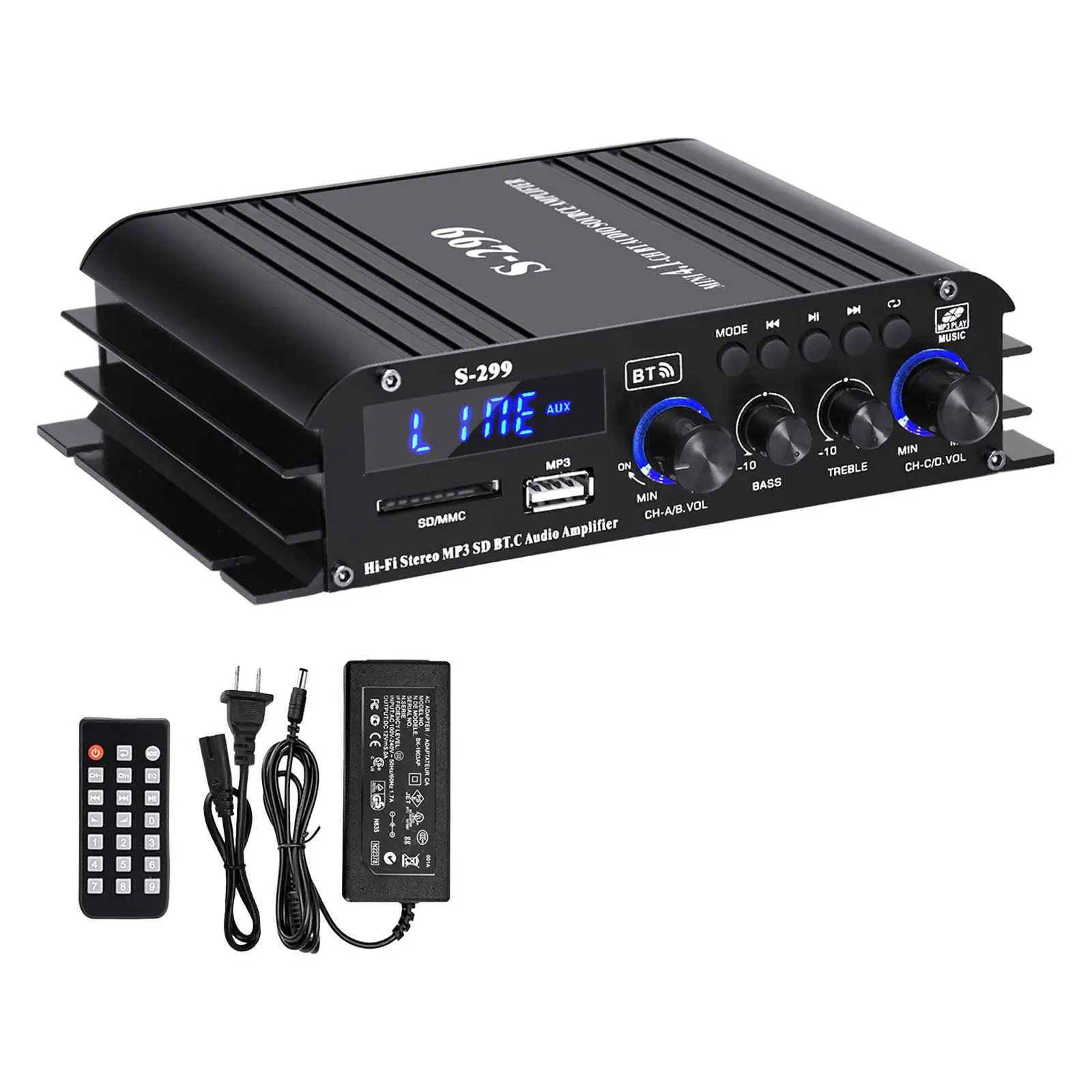 Power Amplifier Portable for Store Home Theater Subwoofer HiFi Stereo Amp MP3 USB AUX BT SD 4.1 Channel 40wx4 with Power Adapter