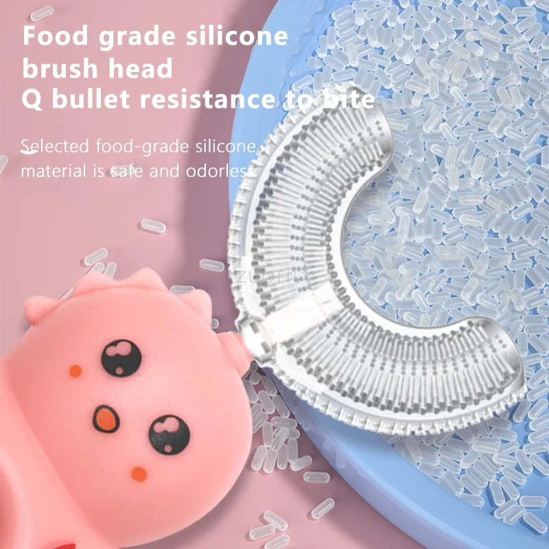 Kids toothbrush case Cartoon 360 Degrees Children Donut Manual Toothbrush 2-12Years U Shaped Food Grade Silicone Teeth Brush for Kids Teeth Oral Care