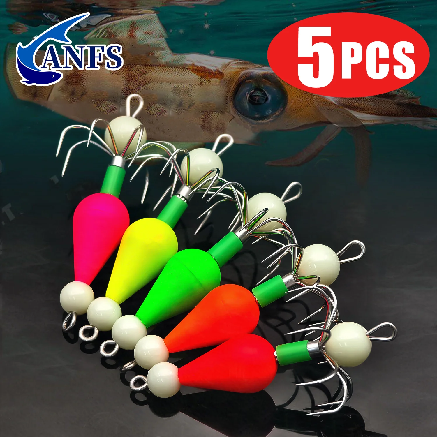 ANFS 5 Stück nachtleuchtender Tintenfisch-Hakenköder mit scharfem Edelstahl-Haken – ideal zum Nachtangeln, perfektes Angelgeschenk für Angler