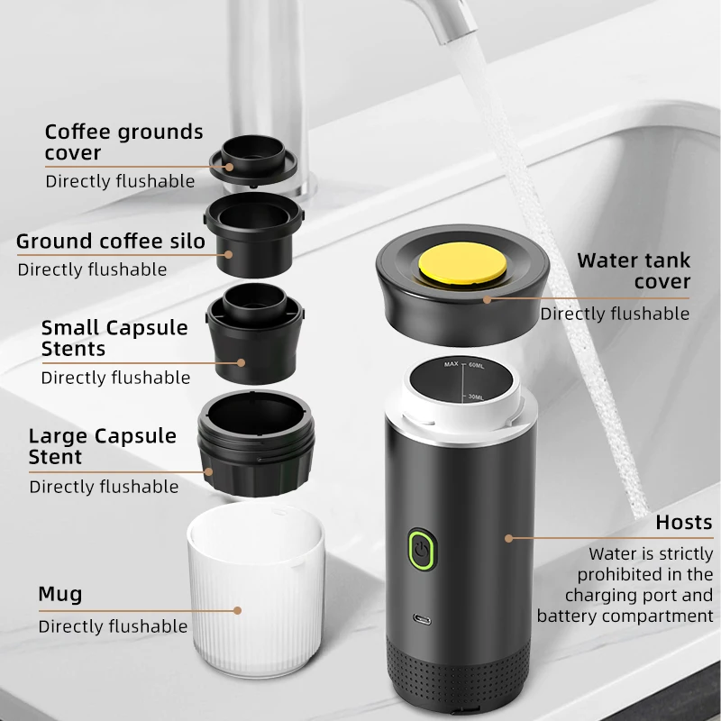 Machine à Café Expresso Portable Sans Fil - Pour Camping, Voiture, Maison - Capsules Ou Poudre