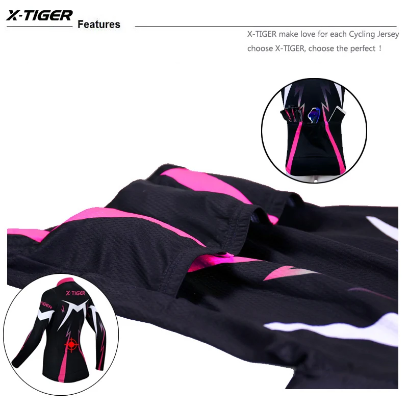 Women Sports T Shirt X-TIGER Women's Winter Cycling Jersey 5-10℃ Outdoor Sports Warm Fleece Fabric Long Sleeve Sportswear with Back Storage Pockets