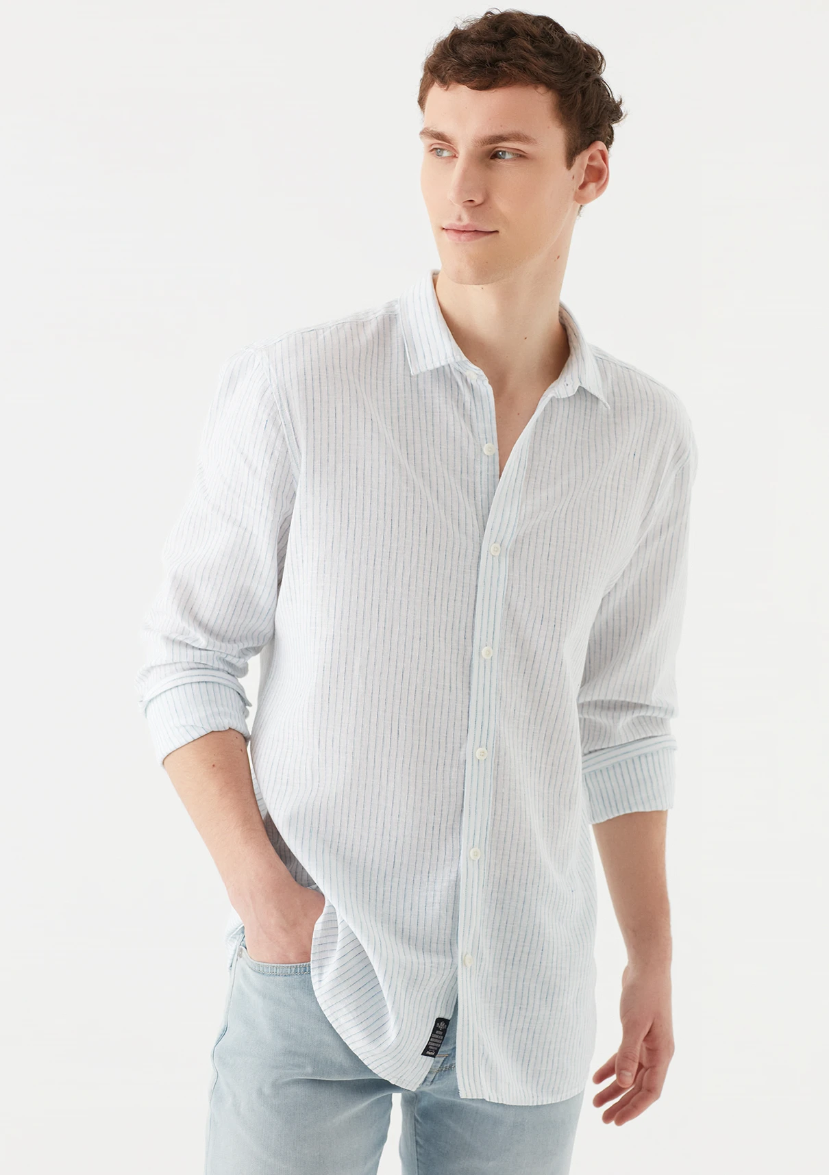 Mavi メンズ長袖シャツ ボタンなしの襟付きのスリムフィット カジュアルでファッショナブルなストリートウェア ブルー Casual Shirts Aliexpress