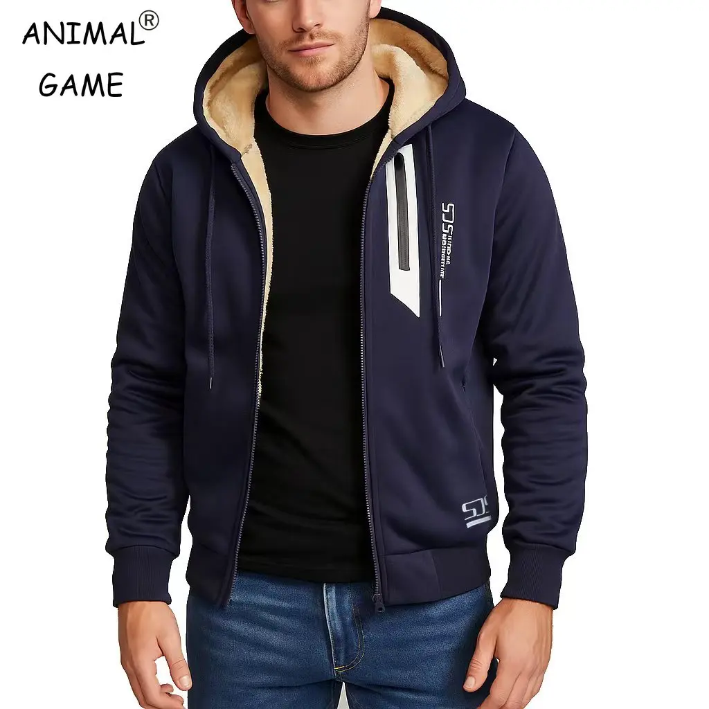 Animal Game Fleece Hoodies for Men Full Zip Up Sweatshirt Thick Sherpa Lined Hooded Heavyweight Jacket Casual Thick  Sweatshirts