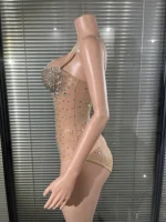 Glamorous Nude Sparkly Rhinestones Pearl Bodysuit See Through Leotard Bar DJ Singer Team Jazz Dance Stage Wear Nightclub Stage - Image 3