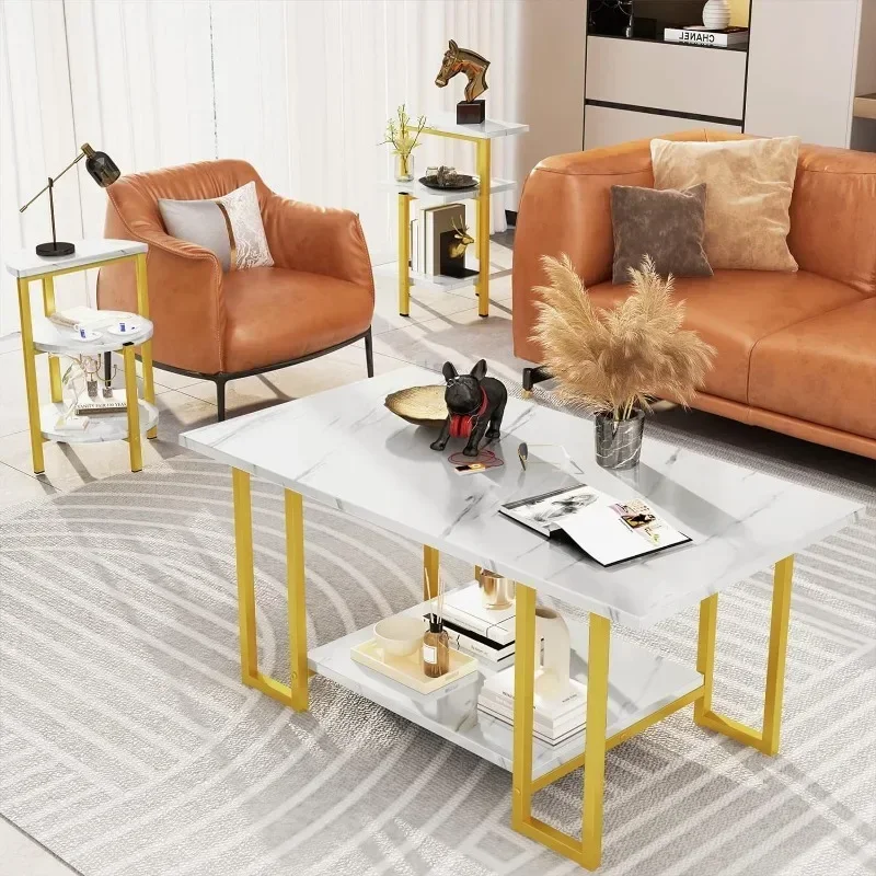 Coffee Table Set of 3, Modern 3-Piece Table Set Faux Marble Coffee & 2 End Tables Open Shelves with Metal Legs