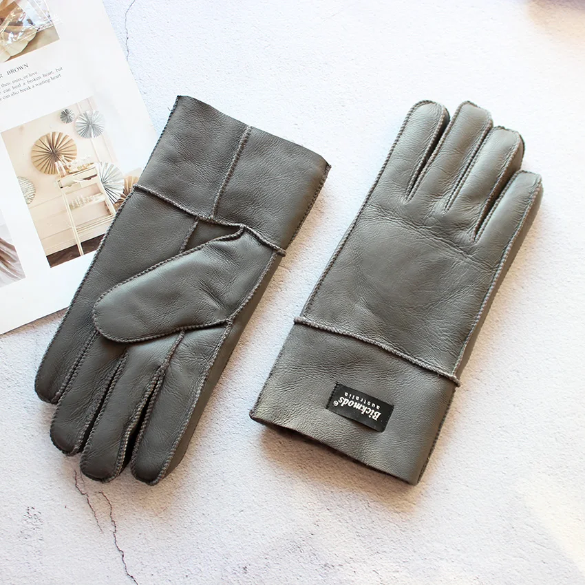 Winter Warm Sheepskin Fur Gloves Men's Thickened Windproof and Cold-Proof Outdoor Riding Sheep Leather Wool Finger Gloves