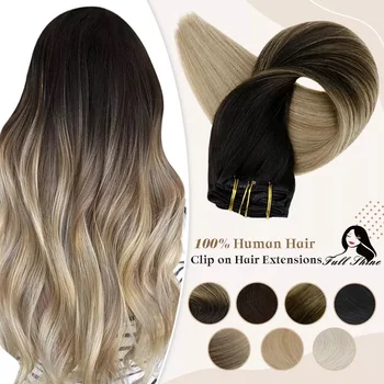 Full Shine Clip in Hair Extensions Human Hair Balayage Ombre Blonde Black 7pcs 120g Double Weft 100% Remy For Woman 1